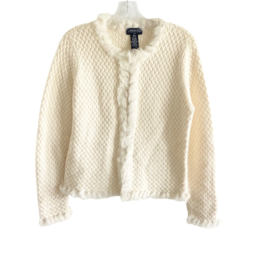 Jones New York Signature Petite Angora Wool Blend Rabbit Fur Trim Cardigan Cream